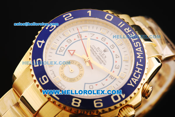 Rolex Yacht-Master II Oyster Perpetual Swiss ETA 2813 Automatic Movement Gold Case and Strap with White Dial and Blue Bezel - Click Image to Close
